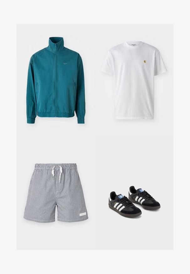 Jachetă ușoară de culoare teal, cu guler înalt, fermoar pe față, două buzunare laterale, manșete elastice și trei dungi verticale pe mâneci.; Tricou alb din bumbac, cu mâneci scurte, gât echipat, având un mic logo auriu în zona stânga a pieptului. Textură moale și croială normală.; Pantaloni de baie raiati, în nuanțe de navy și alb. Realizați dintr-un material ușor, cu un tiv elastic, închidere cu șnur și buzunare laterale.; Tenisi negri cu superior din suede și sintetic, având trei dungi albe, talpă din cauciuc texturat și etichetă albastră cu logo pe limbă.