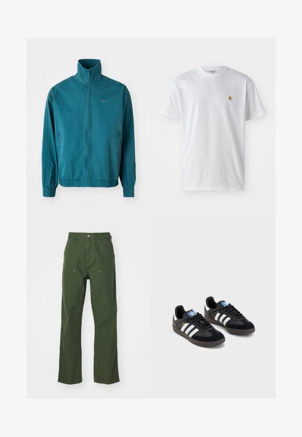 Svetlo modra lahka jakna z visokim ovratnikom, zadrgo spredaj, dvema stranskima žepoma, elastičnimi manžetami in tremi navpičnimi črtami po rokavih.; Bela bombažna majica s kratkimi rokavi, krožnim ovratnikom, z majhnim zlatim logotipom na levem prsnem predelu. Mehka tekstura in običajen kroj.; Zelene bombažne hlače s ravnim krojem, ki vključujejo sprednje in zadnje žepke, zlat ton dodatkov ter ojačane kolenske dele.; Črne športne copate z zgornjim delom iz semiša in sintetičnih materialov, ki imajo tri bele črte, teksturiran gumijast podplat in modro označevalno oznako na jeziku.