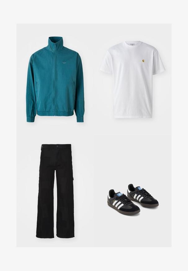 Türkiissinine kerge jakk kõrge kraega, lukuga ees, kahe küljetaskuga, elastsete mansettidega ning kolme vertikaalse triibuga varrukatel.; Valge puuvillane t-särk lühikeste varrukatega, ümmargune kaelus, millel on väike kuldne logo vasakul rinnal. Pehme tekstuur ja regulaarne lõike.; Mustad mustadest puuvillasegust püksid, millel on lõtv istuvus, kaks külge taskut, nupuga kinnitus ja sile tekstuur koos peent mustrit.; Mustad tossud, mille pealseks on seemisnahk ja sünteetilised materjalid, kolme valge triibuga, tekstureeritud kummitald ja sinine logo silt keele peal.