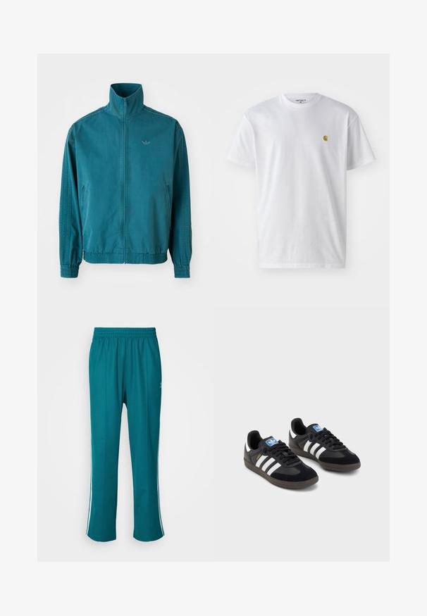 Casaco leve em teal com colarinho alto, fecho em zip, dois bolsos laterais, punhos elásticos e três riscas verticais nas mangas.; T-shirt branca de algodão com mangas curtas, decote redondo, apresentando um pequeno logótipo dourado na área do peito esquerdo. Textura macia e ajuste regular.; Calças de pista em verde-água, feitas de um tecido leve, com um cós elástico, apresentando riscas brancas nas laterais e um design de corte solto.; Sneakers pretos com parte superior em camurça e sintético, apresentando três riscas brancas, sola de borracha texturizada e etiqueta azul no linguete.
