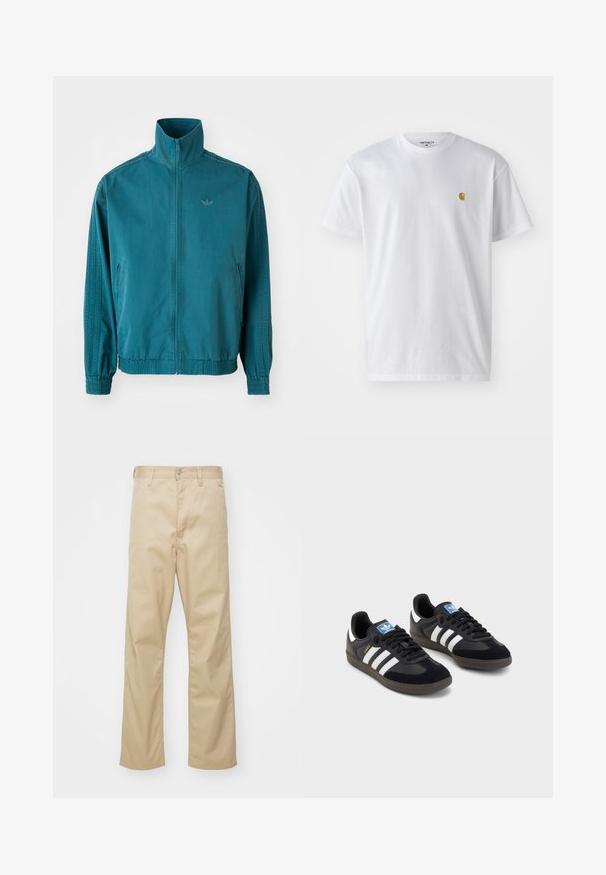 Teal lightweight jacket with a high collar, zip front, two side pockets, elastic cuffs, and three vertical stripes along the sleeves.; White cotton t-shirt with short sleeves, crew neck, featuring a small gold logo on the left chest area. Soft texture and regular fit.; Beige cotton trousers with a straight-leg design, featuring a front button closure, belt loops, and two side pockets. Smooth texture.; Black sneakers with a suede and synthetic upper, featuring three white stripes, textured rubber sole, and blue logo tag on the tongue.