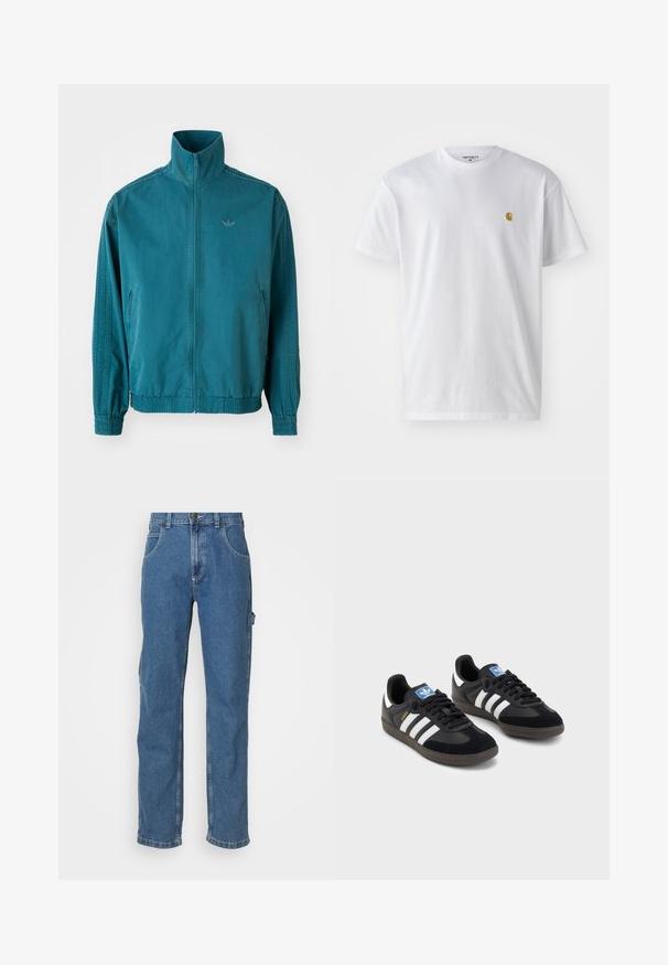Casaco leve em teal com colarinho alto, fecho em zip, dois bolsos laterais, punhos elásticos e três riscas verticais nas mangas.; T-shirt branca de algodão com mangas curtas, decote redondo, apresentando um pequeno logótipo dourado na área do peito esquerdo. Textura macia e ajuste regular.; Jeans de denim azul claro com corte reto, cinco bolsos e um ligeiro efeito de desbotado no tecido. Apresenta um fecho com botão e zíper.; Sneakers pretos com parte superior em camurça e sintético, apresentando três riscas brancas, sola de borracha texturizada e etiqueta azul no linguete.