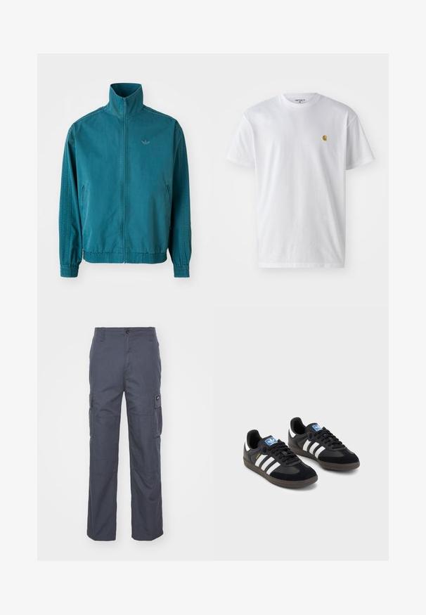 Tamsiai mėlyna lengva striukė su aukštu apykakle, užtrauktuku priekyje, dviem šoninėmis kišenėmis, elastinėmis rankovėmis ir trimis vertikaliomis juostomis ant rankovių.; Balta medvilnės marškinėliai su trumpomis rankovėmis, apvalia iškirpte, kuriuose kairėje krūtinės pusėje yra mažas auksinis logotipas. Minkšta tekstūra ir reguliari forma.; Tamsiai pilkos spalvos cargo kelnės, turinčios plačias kojas, kelias šonines kišenes ir mygtuką juosmens srityje. Lygus paviršius ir tvirta konstrukcija.; Juodi sportiniai bateliai su zomšos ir sintetine viršutine dalimi, turintys tris baltas juosteles, tekstūruotą gumos pado paviršių ir mėlyną logotipo etiketę ant liežuvėlio.