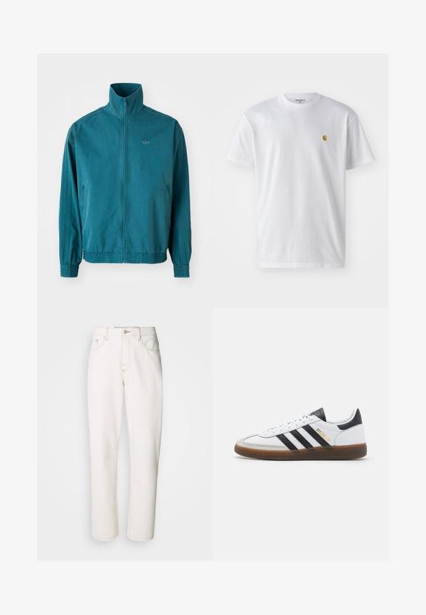 Jachetă ușoară de culoare teal, cu guler înalt, fermoar pe față, două buzunare laterale, manșete elastice și trei dungi verticale pe mâneci.; Tricou alb din bumbac, cu mâneci scurte, gât echipat, având un mic logo auriu în zona stânga a pieptului. Textură moale și croială normală.; Jeans din denim alb cu un design drept, având cusături brodate, închidere cu buton metalic și construcție standard cu cinci buzunare.; Tenisi din piele albă cu accente din suede negru, trei dungi negre, talpă din cauciuc bej și branding auriu "SPEZIAL" pe lateral.