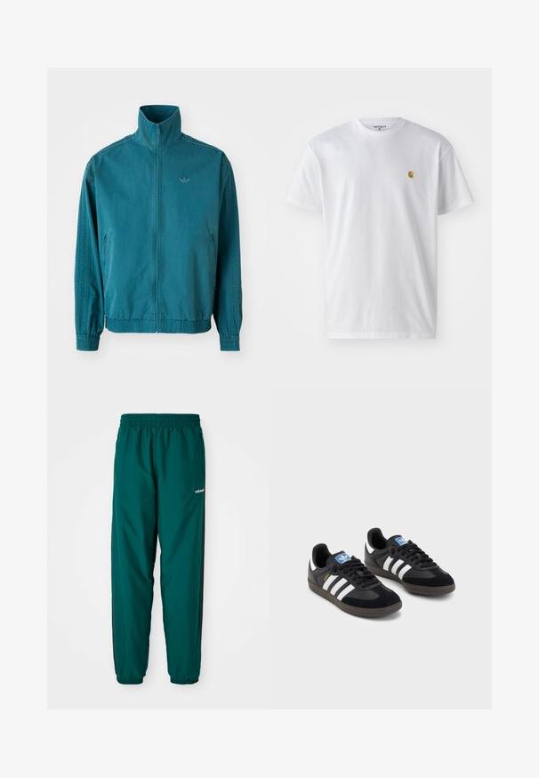 Casaco leve em teal com colarinho alto, fecho em zip, dois bolsos laterais, punhos elásticos e três riscas verticais nas mangas.; T-shirt branca de algodão com mangas curtas, decote redondo, apresentando um pequeno logótipo dourado na área do peito esquerdo. Textura macia e ajuste regular.; Calças desportivas verdes feitas de um tecido leve, com um cós elástico, bolsos laterais e riscas pretas nas laterais. Logótipo da Adidas visível.; Sneakers pretos com parte superior em camurça e sintético, apresentando três riscas brancas, sola de borracha texturizada e etiqueta azul no linguete.