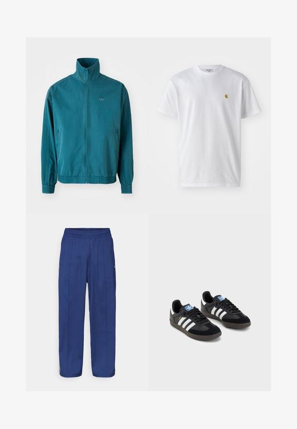 Jachetă ușoară de culoare teal, cu guler înalt, fermoar pe față, două buzunare laterale, manșete elastice și trei dungi verticale pe mâneci.; Tricou alb din bumbac, cu mâneci scurte, gât echipat, având un mic logo auriu în zona stânga a pieptului. Textură moale și croială normală.; Pantaloni de culoare bleumarin, lejeri, cu un talie elastică, având două pliseuri frontale și accente laterale subtile pentru detalii suplimentare.; Tenisi negri cu superior din suede și sintetic, având trei dungi albe, talpă din cauciuc texturat și etichetă albastră cu logo pe limbă.