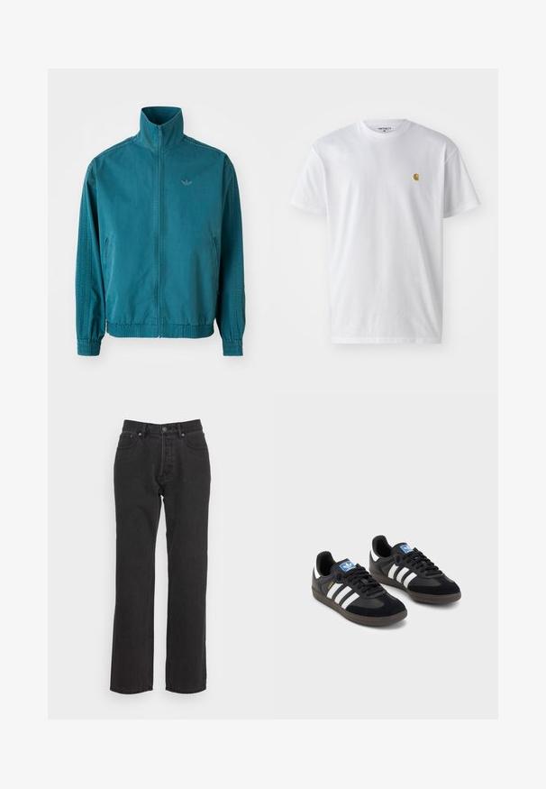 Svetlo modra lahka jakna z visokim ovratnikom, zadrgo spredaj, dvema stranskima žepoma, elastičnimi manžetami in tremi navpičnimi črtami po rokavih.; Bela bombažna majica s kratkimi rokavi, krožnim ovratnikom, z majhnim zlatim logotipom na levem prsnem predelu. Mehka tekstura in običajen kroj.; Črne jeans hlače s ravnim krojem, ki imajo sprednjo gumbno zapiranje, zanke za pas in dva stranska žepa. Teksturna tkanina.; Črne športne copate z zgornjim delom iz semiša in sintetičnih materialov, ki imajo tri bele črte, teksturiran gumijast podplat in modro označevalno oznako na jeziku.