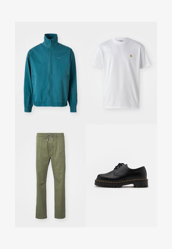 Lichte, tealkleurige jas met een hoge kraag, ritssluiting aan de voorkant, twee zijzakken, elastische manchetten en drie verticale strepen langs de mouwen.; Witte katoenen t-shirt met korte mouwen en ronde hals, voorzien van een klein gouden logo op de linkerkant van de borst. Zachte textuur en een normale pasvorm.; Olijfgroene broek van lichtgewicht stof, met een elastische tailleband met verstelbaar koord en twee voorzakken.; Zwarte leren veterschoen met een ronde neus, getextureerde rubberen zool en gele stiksels rond de basis. Plat ontwerp en een gladde afwerking.