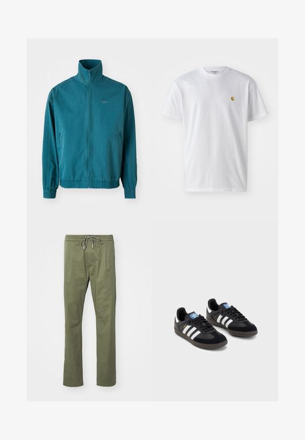 Svetlo modra lahka jakna z visokim ovratnikom, zadrgo spredaj, dvema stranskima žepoma, elastičnimi manžetami in tremi navpičnimi črtami po rokavih.; Bela bombažna majica s kratkimi rokavi, krožnim ovratnikom, z majhnim zlatim logotipom na levem prsnem predelu. Mehka tekstura in običajen kroj.; Olive zelene hlače iz lahkega materiala, z elastiko v pasu in nastavljivo vrvico ter dvema sprednjima žepoma.; Črne športne copate z zgornjim delom iz semiša in sintetičnih materialov, ki imajo tri bele črte, teksturiran gumijast podplat in modro označevalno oznako na jeziku.