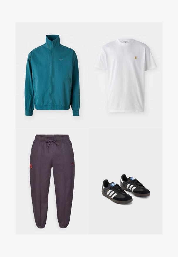 Tölgyzöld, könnyű dzseki magas gallérral, cipzáros elülső résszel, két oldalsó zsebbel, elasztikus mandzsettaival és három függőleges csíkkal az ujjak mentén.; Fehér pamut póló rövid ujjakkal, kerek nyakkal, bal mellel egy kis arany logóval. Puha tapintású és normál fazonú.; Sötétszürke melegítőnadrág elasztikus derékpánttal és húzózsinórral. Oldalzsebekkel, bordázott mandzsettákkal és piros hímzett díszítésekkel.; Fekete sportcipők, velúrból és szintetikus anyagból készült felsőrésszel, három fehér csíkkal, textúrázott gumitalppal és kék logó címkével a nyelvén.