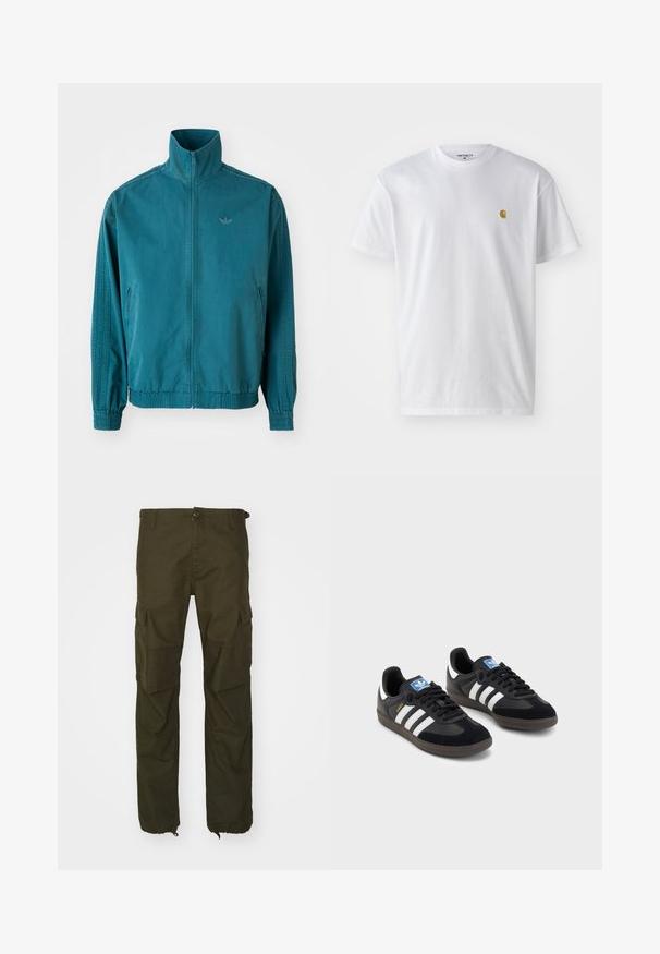 Tirkizna lagana jakna s visokim ovratnikom, prednjim zatvaračem, dva bočna džepa, elastičnim manžetama i tri vertikalne pruge duž rukava.; Bijela pamučna majica kratkih rukava s okruglim izrezom, sa malim zlatnim logotipom na lijevoj strani prsnog koša. Mekana tekstura i standardni kroj.; Maslinaste zelene cargo hlače izrađene od izdržljivog materijala, s kopčanjem na dugme, višestrukim bočnim džepovima i elastičnim manžetama na zapešćima.; Crne tenisice s gornjim dijelom od antilopa i sintetičkog materijala, s tri bijele pruge, teksturiranom gumenom potplatom i plavom oznakom na jeziku.