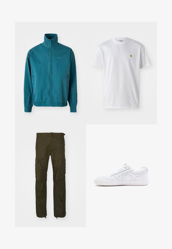 Lichte, tealkleurige jas met een hoge kraag, ritssluiting aan de voorkant, twee zijzakken, elastische manchetten en drie verticale strepen langs de mouwen.; Witte katoenen t-shirt met korte mouwen en ronde hals, voorzien van een klein gouden logo op de linkerkant van de borst. Zachte textuur en een normale pasvorm.; Olijfgroene cargobroek van duurzaam materiaal, met een knoopsluiting, meerdere zijzakken en elastische boorden bij de enkels.; Witte leren sneaker met een laag ontwerp, ronde neus, perforaties en een gestructureerde zool. Veters en subtiele stiksels zijn inbegrepen.