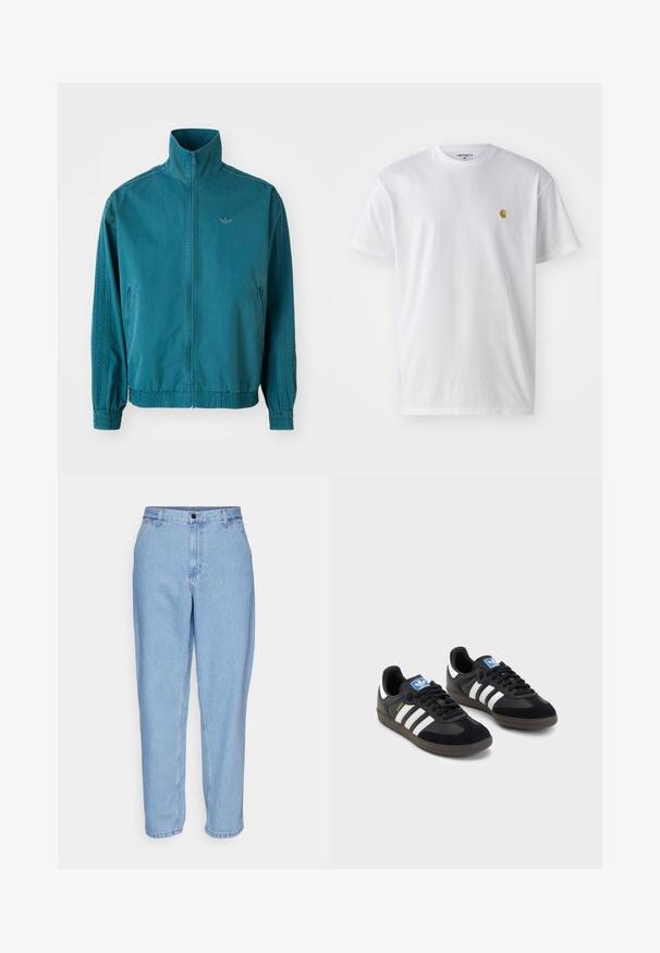 Tyrkysová lehká bunda s vysokým límcem, zapínáním na zip, dvěma bočními kapsami, elastickými manžetami a třemi vertikálními pruhy na rukávech.; Bílé bavlněné tričko s krátkým rukávem a kulatým výstřihem, s malým zlatým logem na levé straně hrudi. Měkká textura a klasický střih.; Světle modré džíny z denimu s uvolněným střihem, vysokým pasem a rovnými nohavicemi. Obsahují přední kapsy a kovové zapínání na knoflík.; Černé tenisky s vrškem z semiše a syntetického materiálu, s třemi bílými pruhy, texturovanou gumovou podrážkou a modrou nášivkou loga na jazyku.