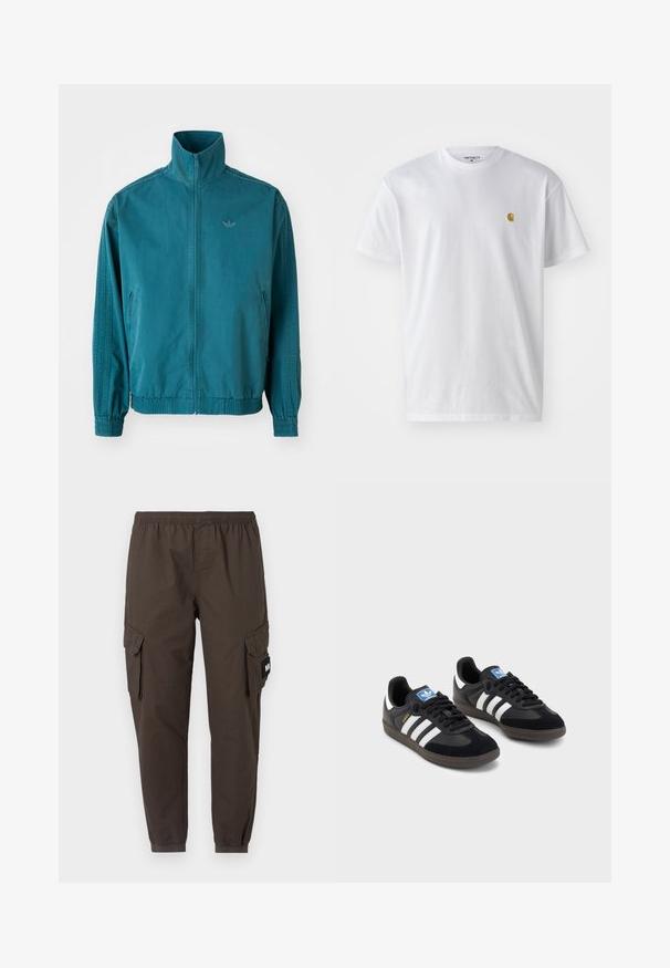 Chaqueta ligera color teal con un alto cuello, cierre de cremallera frontal, dos bolsillos laterales, puños elásticos y tres franjas verticales a lo largo de las mangas.; Camiseta de algodón blanca con mangas cortas, cuello redondo, que presenta un pequeño logo dorado en la parte izquierda del pecho. Textura suave y corte regular.; Pantalones cargo de tela marrón oscuro, con cintura elástica, piernas ajustadas y dos bolsillos laterales con solapas.; Zapatillas negras con un upper de ante y sintético, con tres rayas blancas, suela de goma texturizada y etiqueta de logo azul en la lengüeta.
