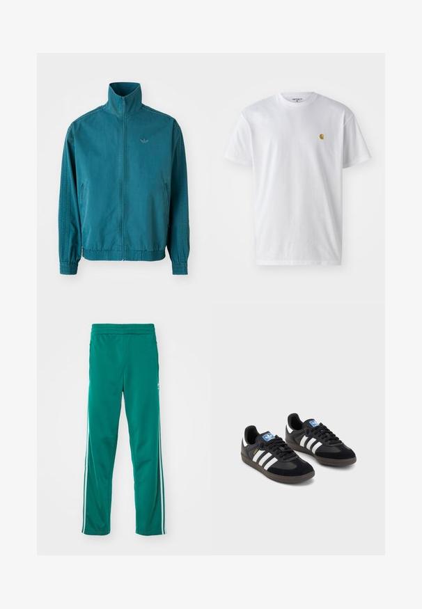 Tyrkysová ľahká bunda s vysokým golierom, zipsom vpredu, dvoma bočnými vreckami, elastickými manžetami a tromi vertikálnymi pruhmi pozdĺž rukávov.; Biele bavlnené tričko s krátkymi rukávmi, okrúhlym výstrihom, s malým zlatým logom na ľavej strane hrude. Mäkká textúra a normálny strih.; Zelené teplákové nohavice s hladkou štruktúrou, s bielym postranným pruhom a elastickým pásom. Rovné nohy.; Čierne tenisky so zvrškom z semišu a syntetického materiálu, s tromi bielymi pruhmi, štruktúrovanou gumovou podrážkou a modrou logovou etiketou na jazyku.