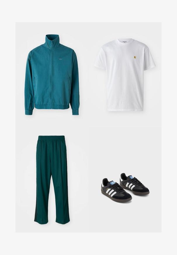 Teal lightweight jacket with a high collar, zip front, two side pockets, elastic cuffs, and three vertical stripes along the sleeves.; White cotton t-shirt with short sleeves, crew neck, featuring a small gold logo on the left chest area. Soft texture and regular fit.; Dark green athletic pants with an elastic waistband, straight leg design, and black side stripes. Made of soft, stretchable fabric.; Black sneakers with a suede and synthetic upper, featuring three white stripes, textured rubber sole, and blue logo tag on the tongue.