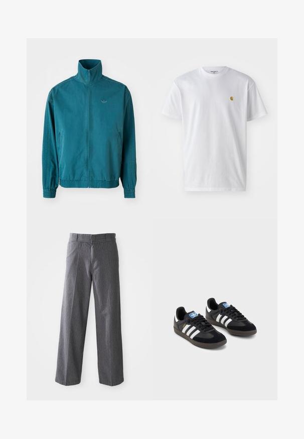 Jachetă ușoară de culoare teal, cu guler înalt, fermoar pe față, două buzunare laterale, manșete elastice și trei dungi verticale pe mâneci.; Tricou alb din bumbac, cu mâneci scurte, gât echipat, având un mic logo auriu în zona stânga a pieptului. Textură moale și croială normală.; Pantaloni largi gri cu dungi fine, cu bucle pentru curea, față plată și tivuri drepte, prezentati pe un fundal alb.; Tenisi negri cu superior din suede și sintetic, având trei dungi albe, talpă din cauciuc texturat și etichetă albastră cu logo pe limbă.