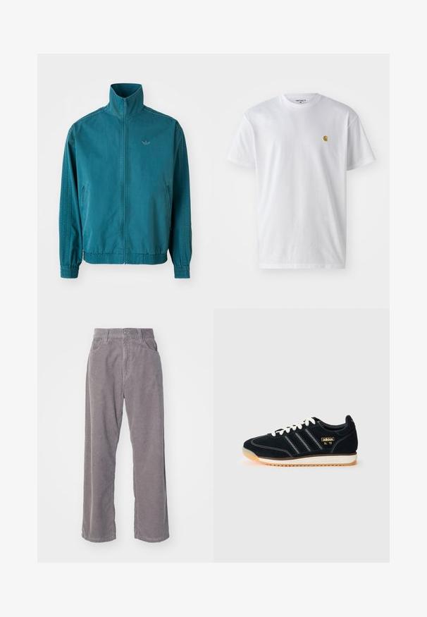 Tukkean kevyt takki korkealla kauluksella, vetoketjukiinnitys, kaksi sivutaskua, joustavat hihansuut ja kolme pystysuoraa raitaa hihojen varrella.; Valkoinen puuvillapaita lyhyillä hihoilla, pyöreä kaula-aukko, jossa on pieni kultainen logo vasemmassa rintapielessä. Pehmeä kangas ja normaali istuvuus.; Harmaat corduroy-housut leveällä lahje-muotoilulla, joissa on pystysuuntaista ribbikuviointia, nappikiinnitys ja kaksi etutaskua.; Mustat mokkanahkakenkävalkoisilla nauhoilla, joissa on kolme valkoista raitaa sivussa, teksturoitua yksityiskohtaa ja kumipohja, joka on hieman oranssihtava.