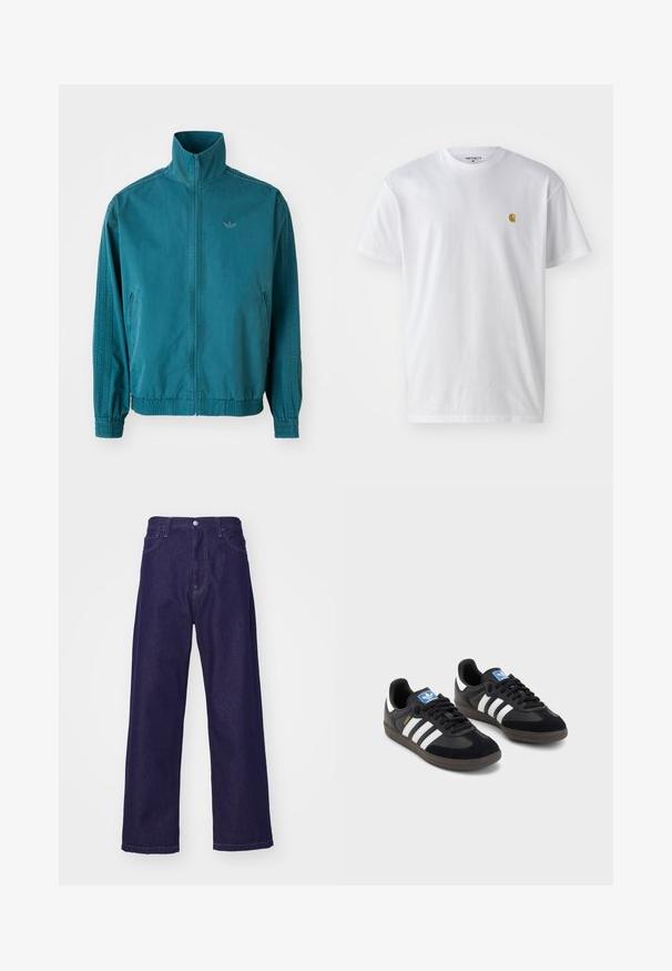 Tamsiai mėlyna lengva striukė su aukštu apykakle, užtrauktuku priekyje, dviem šoninėmis kišenėmis, elastinėmis rankovėmis ir trimis vertikaliomis juostomis ant rankovių.; Balta medvilnės marškinėliai su trumpomis rankovėmis, apvalia iškirpte, kuriuose kairėje krūtinės pusėje yra mažas auksinis logotipas. Minkšta tekstūra ir reguliari forma.; Tamsiai mėlynos džinsinės plačių kojų kelnės su aukštu liemeniu, turinčios priekines kišenes ir mygtuko užsegimą, išsiskiriančios lygiu, tvirtų tekstūra.; Juodi sportiniai bateliai su zomšos ir sintetine viršutine dalimi, turintys tris baltas juosteles, tekstūruotą gumos pado paviršių ir mėlyną logotipo etiketę ant liežuvėlio.