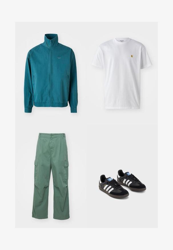 Teal lightweight jacket with a high collar, zip front, two side pockets, elastic cuffs, and three vertical stripes along the sleeves.; White cotton t-shirt with short sleeves, crew neck, featuring a small gold logo on the left chest area. Soft texture and regular fit.; Green cargo pants made of cotton, featuring a loose fit, wide legs, and side pockets. The fabric has a smooth texture without patterns.; Black sneakers with a suede and synthetic upper, featuring three white stripes, textured rubber sole, and blue logo tag on the tongue.