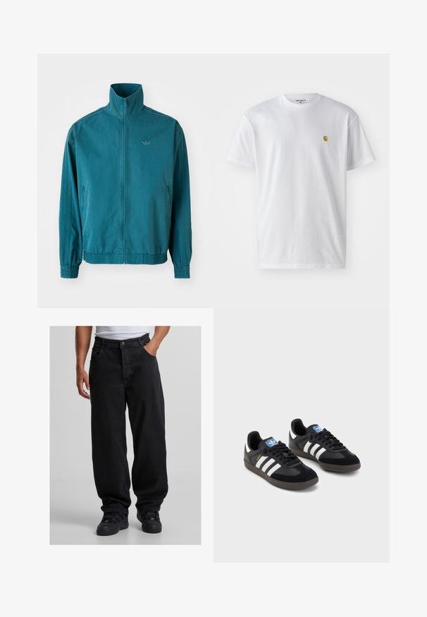 Tīrā zilganas krāsas vieglais mētelis ar augstu apkakli, ar rāvējslēdzēju priekšpusē, divām sānu kabatām, elastīgām manšettēm un trim vertikālām svītrām gar piedurknēm.; Balta kokvilnas t-kreklu ar īsām piedurknēm, apaļu kakla izgriezumu, ar mazu zelta logotipu kreisajā krūšu pusē. Mīksta tekstūra un regulāra piegriezuma.; Melnas, brīvas griezuma denima bikses ar pogu aizdari un divām priekšējām kabatām. Saskan ar melniem sporta apaviem un baltu kreklu.; Melnas sporta apavas ar zamšādas un sintētisku augšdaļu, ar trim baltām svītrām, teksturētu gumijas zoli un zilu logo birku uz mēles.