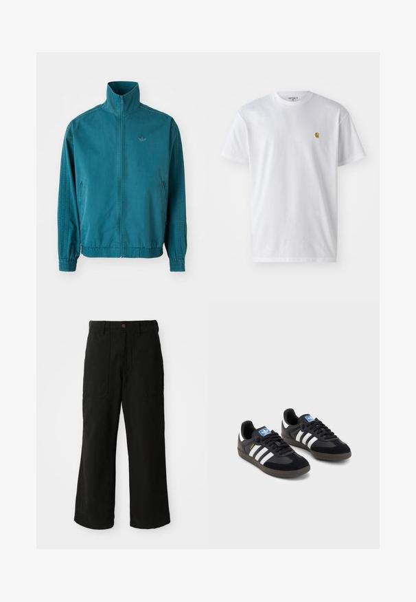 Turkos lättviktsjacka med hög krage, dragkedja fram, två sidfickor, elastiska muddar och tre vertikala ränder längs ärmarna.; Vit bomullströja med korta ärmar, rund halsringning, med en liten guldlogotyp på vänster bröstområde. Mjuk textur och vanlig passform.; Svarta vida byxor i mjukt tyg, med framfickor och knappstängning i midjan. Minimalistisk design utan synliga mönster.; Svarta sneakers med övre del av mocka och syntetmaterial, med tre vita ränder, texturerad gummisula och blå logotags på tungan.