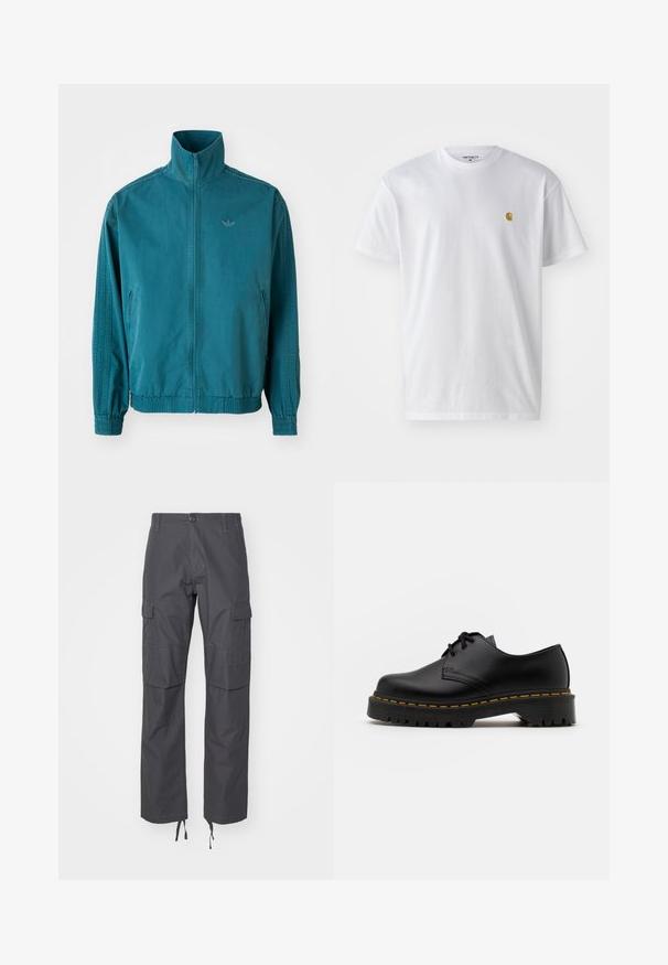 Teal letvægtjakke med høj krave, lynlås foran, to sidelommer, elastiske manchetter og tre lodrette striber langs ærmerne.; Hvid bomulds t-shirt med korte ærmer, rund hals og et lille guld logo på venstre brystområde. Blød tekstur og almindelig pasform.; Carhartt WIP AVIATION PANT - Cargobukser - graphite rinsed; Sort læder snøresko med en rund tå, tekstureret gummisål og gule stikninger omkring bunden. Flad design og glat finish.
