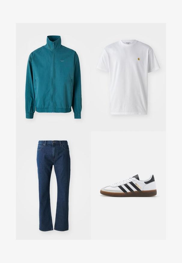 Tamsiai mėlyna lengva striukė su aukštu apykakle, užtrauktuku priekyje, dviem šoninėmis kišenėmis, elastinėmis rankovėmis ir trimis vertikaliomis juostomis ant rankovių.; Balta medvilnės marškinėliai su trumpomis rankovėmis, apvalia iškirpte, kuriuose kairėje krūtinės pusėje yra mažas auksinis logotipas. Minkšta tekstūra ir reguliari forma.; Tamsiai mėlynos džinsinės kelnės su tiesiu kirpimu, priekinis mygtukas ir užtrauktukas, diržo kilpos, priekiniai ir galiniai kišenės.; Balti odiniai sportiniai bateliai su juodais zomšos akcentais, trimis juodomis juostelėmis, smėlio spalvos guminiu padu ir auksiniu "SPEZIAL" ženklu šone.