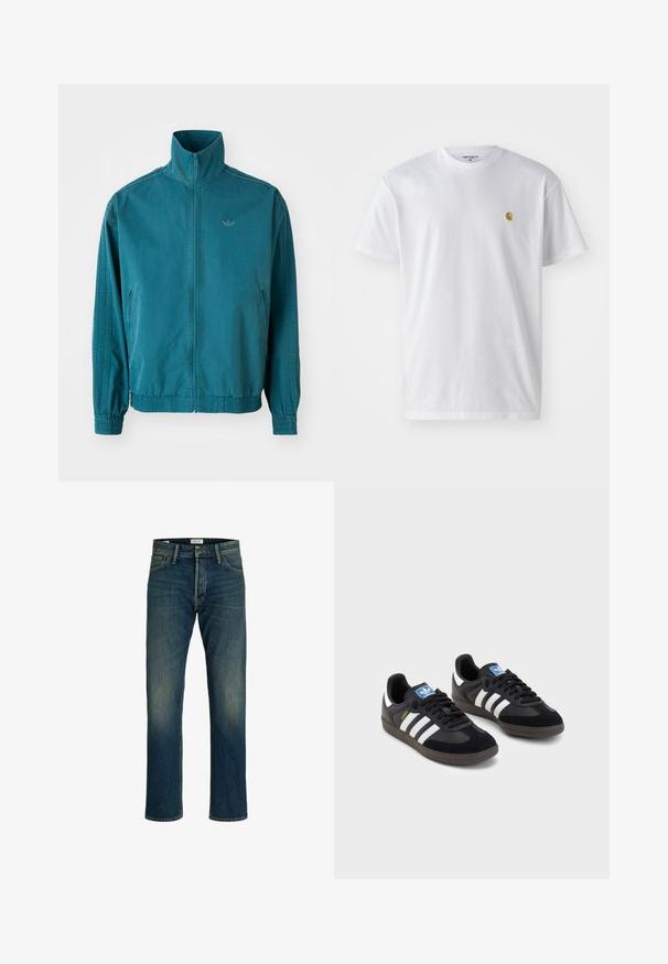 Tölgyzöld, könnyű dzseki magas gallérral, cipzáros elülső résszel, két oldalsó zsebbel, elasztikus mandzsettaival és három függőleges csíkkal az ujjak mentén.; Fehér pamut póló rövid ujjakkal, kerek nyakkal, bal mellel egy kis arany logóval. Puha tapintású és normál fazonú.; Középkék mosású farmernadrág, egyenes szárú szabással, klasszikus öt-zsebes dizájnnal és enyhe kopással a combokon a textúra érdekében.; Fekete sportcipők, velúrból és szintetikus anyagból készült felsőrésszel, három fehér csíkkal, textúrázott gumitalppal és kék logó címkével a nyelvén.