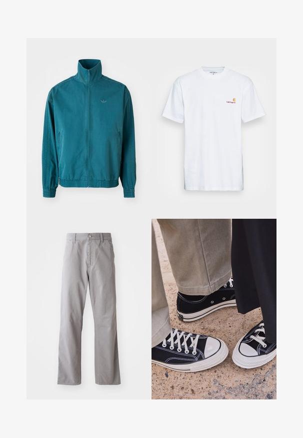 Jachetă ușoară de culoare teal, cu guler înalt, fermoar pe față, două buzunare laterale, manșete elastice și trei dungi verticale pe mâneci.; Tricou alb din bumbac, cu mâneci scurte. Creat cu un mic logo portocaliu și bordo pe pieptul stâng. Prezintă un gât rotund clasic.; Pantaloni din bumbac gri cu un design drept, dotati cu un sistem de închidere cu nasture în față și curea de pătrundere. Textură fină și detalii minimale.; Adidași negri din pânză cu vârfuri din cauciuc alb și șireturi. Cusătura în contrast și ochiurile metalice adaugă detalii. Purtați cu pantaloni bej și o bluză din material negru.