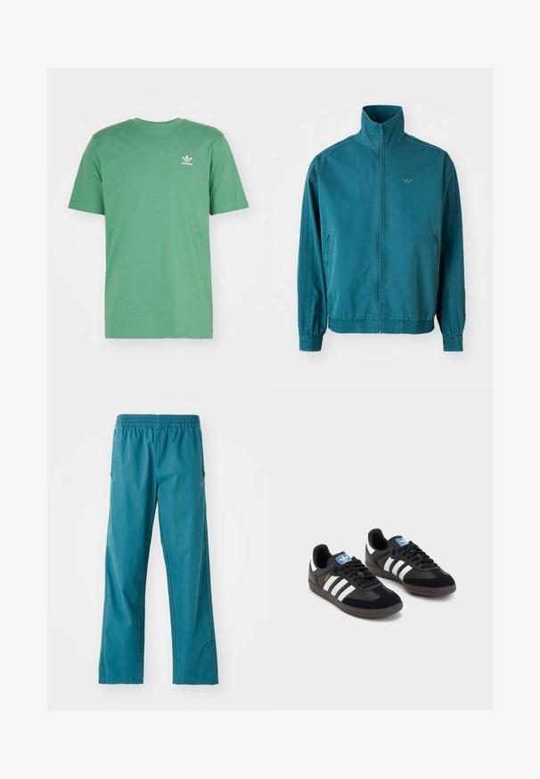 Tyrkysová ľahká bunda s vysokým golierom, zipsom vpredu, dvoma bočnými vreckami, elastickými manžetami a tromi vertikálnymi pruhmi pozdĺž rukávov.; adidas Originals TREFOIL ESSENTIALS - Tričko s potlačou - preloved green; Tyrkysové nohavice z ľahkého materiálu, s elastickým pásom a rovný strih, vybavené bočnými vreckami.; Čierne tenisky so zvrškom z semišu a syntetického materiálu, s tromi bielymi pruhmi, štruktúrovanou gumovou podrážkou a modrou logovou etiketou na jazyku.