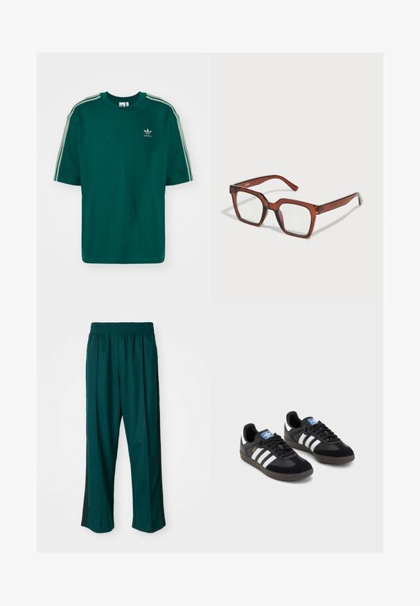 Casaco leve em teal com colarinho alto, fecho em zip, dois bolsos laterais, punhos elásticos e três riscas verticais nas mangas.; T-shirt verde em algodão com decote redondo e mangas curtas. Três riscas brancas ao longo dos ombros. Apresenta um pequeno logótipo no peito.; Calças de desporto verde-escuras com uma cintura elástica, design de perna reta e riscas pretas de lado. Feitas de um tecido macio e elástico.; Sneakers pretos com parte superior em camurça e sintético, apresentando três riscas brancas, sola de borracha texturizada e etiqueta azul no linguete.; Óculos retangulares oversized castanhos com lentes transparentes e uma ligeira tonalidade rosa na lente direita. Armação em plástico com textura suave.