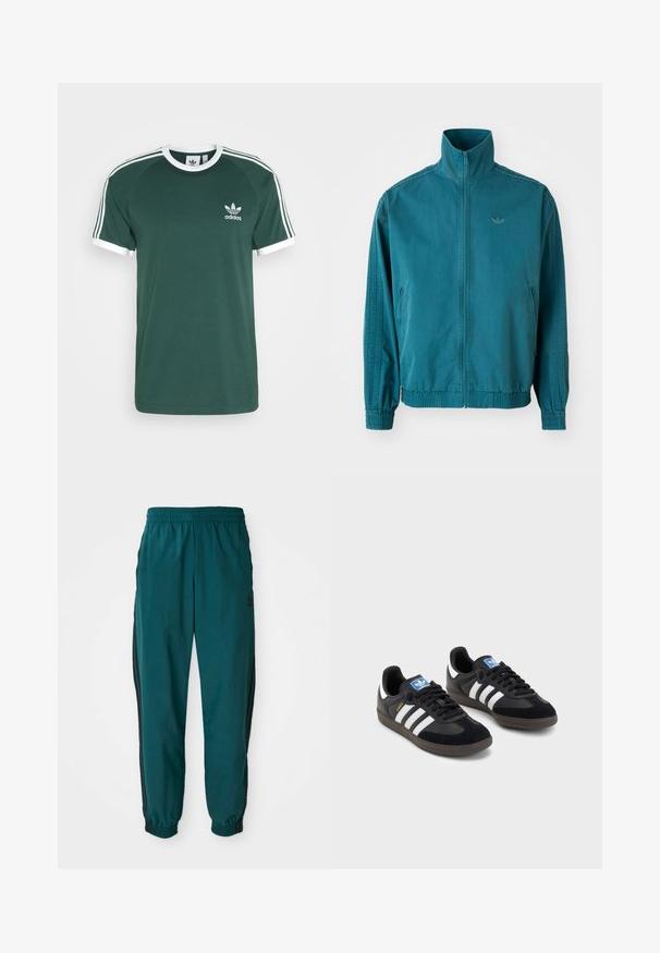 Tamsiai mėlyna lengva striukė su aukštu apykakle, užtrauktuku priekyje, dviem šoninėmis kišenėmis, elastinėmis rankovėmis ir trimis vertikaliomis juostomis ant rankovių.; Žalias medvilnės marškinėliai su baltais akcentais, su apvalia kaklo linija, trumpomis rankovėmis ir trimis baltomis juostelėmis palei pečius. Adidas logotipas ant krūtinės.; Žalios sportinės kelnės su raišteliu juosmenyje, elastiniais rankogaliais ir šoninėmis juodomis juostomis. Pagamintos iš lengvos medžiagos, su logotipu šalia klubų.; Juodi sportiniai bateliai su zomšos ir sintetine viršutine dalimi, turintys tris baltas juosteles, tekstūruotą gumos pado paviršių ir mėlyną logotipo etiketę ant liežuvėlio.