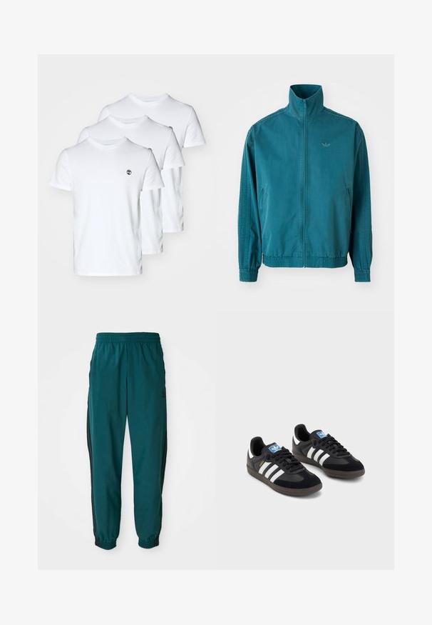 Chaqueta ligera color teal con un alto cuello, cierre de cremallera frontal, dos bolsillos laterales, puños elásticos y tres franjas verticales a lo largo de las mangas.; Tres camisetas de algodón blancas de cuello redondo, con un pequeño logo en el lado izquierdo del pecho. Textura lisa; ajuste regular.; Pantalones deportivos en color verde azulado con cintura ajustable por cordón, puños elásticos y rayas negras en los lados. Fabricados con un tejido ligero, presentan un logo cerca de la cadera.; Zapatillas negras con un upper de ante y sintético, con tres rayas blancas, suela de goma texturizada y etiqueta de logo azul en la lengüeta.
