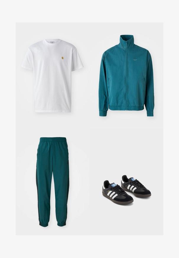 Turkusowa lekka kurtka z wysokim kołnierzem, zamkiem z przodu, dwoma bocznymi kieszeniami, elastycznymi mankietami i trzema pionowymi paskami wzdłuż rękawów.; Biała bawełniana koszulka z krótkim rękawem, okrągłym dekoltem, z małym złotym logo na lewej części klatki piersiowej. Miękka textura i regularny krój.; Turkusowe spodnie sportowe z elastycznym paskiem, ściągaczem w pasie, elastycznymi mankietami i bocznymi czarnymi paseczkami. Wykonane z lekkiego materiału, z logo w okolicy bioder.; Czarne sneakersy z zamszową i syntetyczną cholewką, wyposażone w trzy białe paski, teksturowaną gumową podeszwę oraz niebieską metkę z logo na języku.