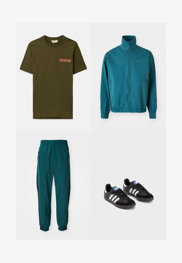 Lichte, tealkleurige jas met een hoge kraag, ritssluiting aan de voorkant, twee zijzakken, elastische manchetten en drie verticale strepen langs de mouwen.; Olijfgroene katoenen T-shirt met ronde hals, voorzien van een klein patch pocket en geborduurd "MARNI" in rode stiksel.; Teal sportbroek met een trekkoord in de taille, elastische boorden en zwarte zijstreep. Gemaakt van lichte stof en voorzien van een logo nabij de heup.; Zwarte sneakers met een bovenwerk van suède en synthetisch materiaal, voorzien van drie witte strepen, een gestructureerde rubberen zool en een blauw logo-label op de tong.