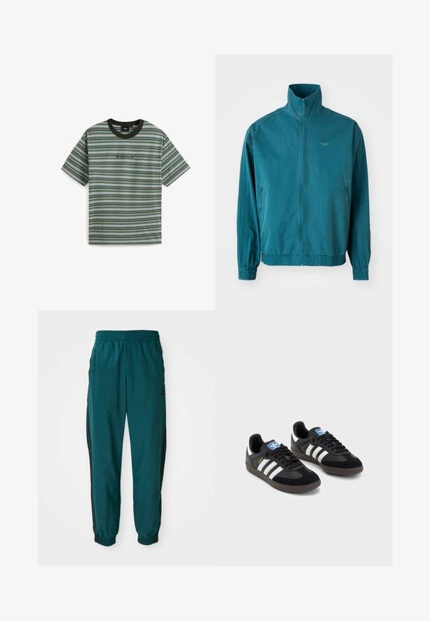 Chaqueta ligera color teal con un alto cuello, cierre de cremallera frontal, dos bolsillos laterales, puños elásticos y tres franjas verticales a lo largo de las mangas.; Camiseta de manga corta a rayas en tonos verdes, azules y naranjas. Presenta un cuello redondo negro y el logotipo "VANS" bordado en el centro del frente.; Pantalones deportivos en color verde azulado con cintura ajustable por cordón, puños elásticos y rayas negras en los lados. Fabricados con un tejido ligero, presentan un logo cerca de la cadera.; Zapatillas negras con un upper de ante y sintético, con tres rayas blancas, suela de goma texturizada y etiqueta de logo azul en la lengüeta.