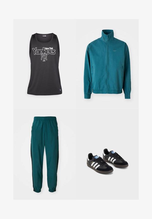Turkos lättviktsjacka med hög krage, dragkedja fram, två sidfickor, elastiska muddar och tre vertikala ränder längs ärmarna.; Svart linne med rund halsringning som har texten "New York Yankees" i vitt och en logotyp framtill. Tillverkat av mjukt, lätt tyg.; Teal sportbyxor med dragsko i midjan, elastiska muddar och svarta sidostråkar. Tillverkade av lättviktsmaterial och har en logo nära höften.; Svarta sneakers med övre del av mocka och syntetmaterial, med tre vita ränder, texturerad gummisula och blå logotags på tungan.