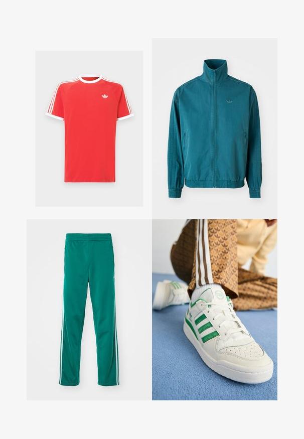 Tīrā zilganas krāsas vieglais mētelis ar augstu apkakli, ar rāvējslēdzēju priekšpusē, divām sānu kabatām, elastīgām manšettēm un trim vertikālām svītrām gar piedurknēm.; Sarkana kokvilnas T-kreklu ar baltu apkakli un piedurkņu apdari. Iekļauj baltu trīs svītru dizainu plecos un mazu baltu logo uz krūšu.; Zaļas sporta bikses ar gludu tekstūru, ar baltu sānu svītru un elastīgu jostu. Taisna kāju forma.; Baltās kedas ar zaļām svītrām, teksturēta āda, perforēta pirkstu daļa un plakani šņores, novietotas uz zilas teksturētas virsmas.