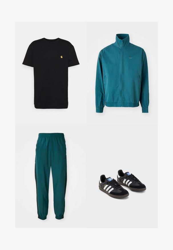 Tamsiai mėlyna lengva striukė su aukštu apykakle, užtrauktuku priekyje, dviem šoninėmis kišenėmis, elastinėmis rankovėmis ir trimis vertikaliomis juostomis ant rankovių.; Juodas medvilnės marškinėliai trumpomis rankovėmis, apvaliu kaklu ir maža geltona logo kairėje krūtinės pusėje. Paprastas dizainas ir įprasta apimtis.; Žalios sportinės kelnės su raišteliu juosmenyje, elastiniais rankogaliais ir šoninėmis juodomis juostomis. Pagamintos iš lengvos medžiagos, su logotipu šalia klubų.; Juodi sportiniai bateliai su zomšos ir sintetine viršutine dalimi, turintys tris baltas juosteles, tekstūruotą gumos pado paviršių ir mėlyną logotipo etiketę ant liežuvėlio.