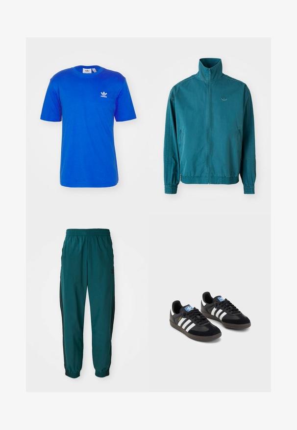 Tyrkysová lehká bunda s vysokým límcem, zapínáním na zip, dvěma bočními kapsami, elastickými manžetami a třemi vertikálními pruhy na rukávech.; adidas Originals ESSENTIAL TEE - Jednoduché tričko - blue; Tyrkysové sportovní kalhoty s šňůrkou v pase, elastickými manžetami a bočními černými pruhy. Vyrobené z lehkého materiálu, s logem poblíž kyčle.; Černé tenisky s vrškem z semiše a syntetického materiálu, s třemi bílými pruhy, texturovanou gumovou podrážkou a modrou nášivkou loga na jazyku.