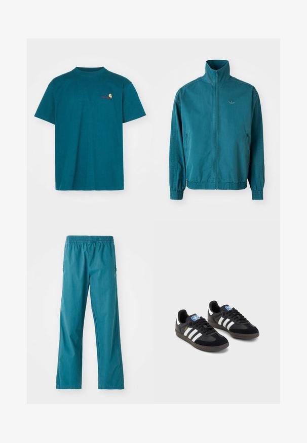 Lichte, tealkleurige jas met een hoge kraag, ritssluiting aan de voorkant, twee zijzakken, elastische manchetten en drie verticale strepen langs de mouwen.; Turquoise katoenen t-shirt met een ronde hals. Bevat een klein oranje en rood logo op de linkerborst. Korte mouwen en een losse pasvorm.; Tegengestelde gekleurde broek van lichtgewicht stof, met een elastische tailleband en een rechte snit met zijzakken.; Zwarte sneakers met een bovenwerk van suède en synthetisch materiaal, voorzien van drie witte strepen, een gestructureerde rubberen zool en een blauw logo-label op de tong.