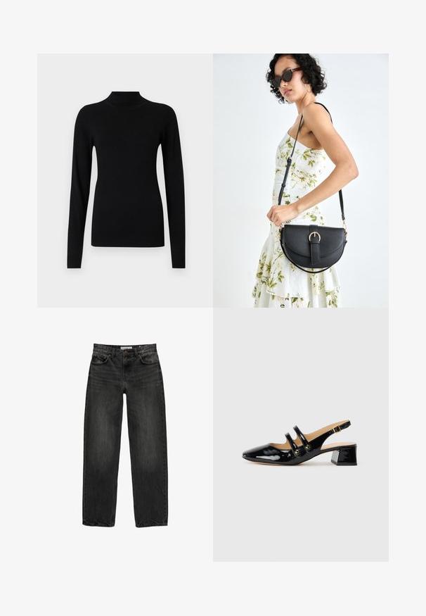 Zwarte blazer gemaakt van zachte stof, met een knoopsgat, een enkele knoopsluiting, twee voorzakken en een getailleerde pasvorm.; Zwarte coltrui gemaakt van gladde, lichte stof. Heeft lange mouwen en aansluitende manchetten, met ribbeltextuur aan de onderkant.; Zwarte denim jeans met een relaxte pasvorm, rechte pijpen, vijf-pocket ontwerp en een licht vervaagde textuur. Knop- en ritssluiting aan de voorkant.; Zwarte patenten leren slingback schoenen met een spitse neus, twee bandjes, gouden ronde accenten en een lage blokhak.; Zwarte leren handtas met een gebogen vorm, afneembare schouderband en gouden hardware. De tas heeft een klep met een gespsluiting.
