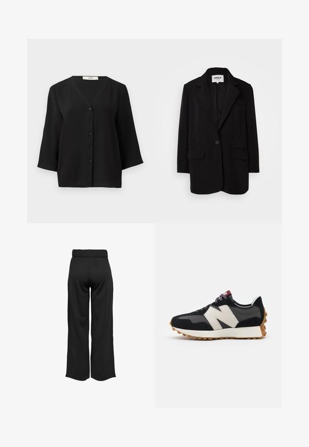 Mustapuku, joka on tehty pehmeästä kankaasta ja jossa on lovettu kaulus, yhden napin kiinnitys, kaksi etutaskua ja istuva leikkaus.; Mustapaitapaita, jossa on lyhyet hihat ja V-kaula-aukko. Paidassa on teksturoitu kangas ja edessä kuusi mustaa nappia.; Mustat, leveälahkeiset housut, joissa on joustava vyötärö, valmistettu sileästä kankaasta. Ominaisuuksia ovat puhdas muotoilu ilman taskuja tai näkyviä ompelusaumoja.; Mustat ja harmaat mokkakenkä, jossa on suuri kermanvärinen "N"-logo, violetit nauhat ja teksturoitu kumipohja.