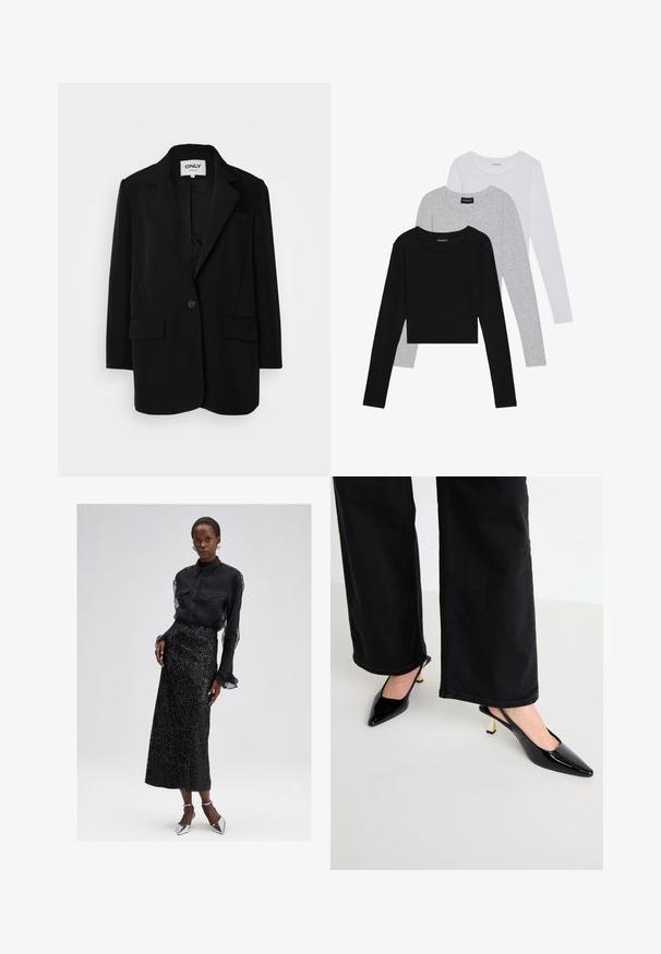 Černý blejzr vyrobený z měkké tkaniny, se zakřiveným límcem, zapínáním na jeden knoflík, dvěma předními kapsami a se štíhlým střihem.; Tři trička s dlouhým rukávem naskládaná na sobě: černé, šedé a bílé. Každé má kulatý výstřih a kratší střih z hladkého, lehkého materiálu.; Černá košile s knoflíky a průhlednými rukávy, v kombinaci s černou midi sukní s flitry a stříbrnými lodičkami na vysokém podpatku. Elegantní a texturovaný design.; Simmi London JUNE - Klasické lodičky - black