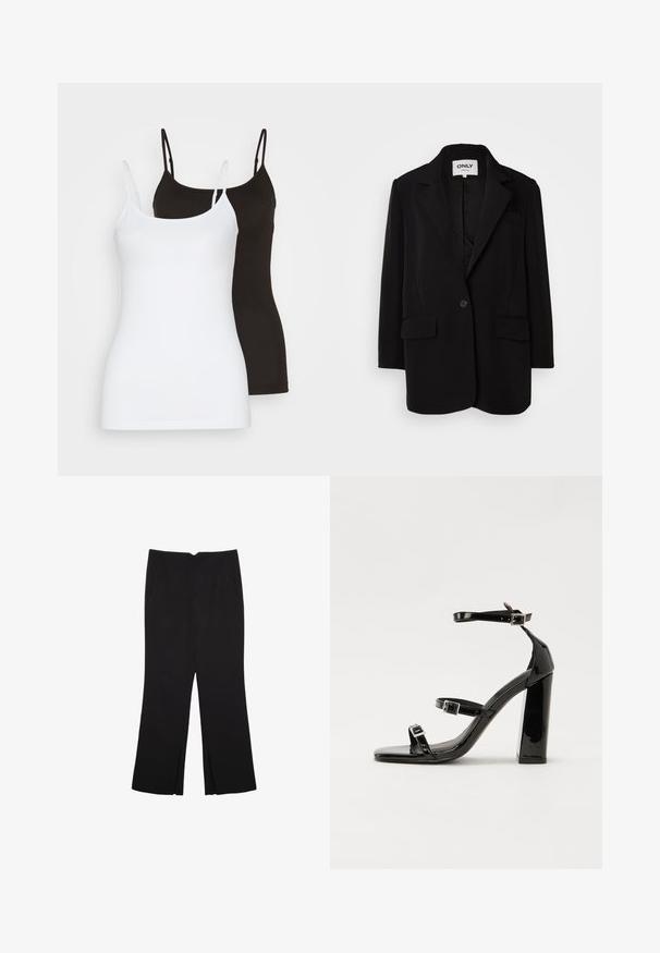 Czarna marynarka wykonana z miękkiego materiału, z klapami, zapinana na jeden guzik, z dwiema przednimi kieszeniami i dopasowanym krojem.; Dwa bezrękawniki, jeden w białym, a drugi w czarnym kolorze, uszyte z gładkiego, elastycznego materiału. Oba mają cienkie ramiączka i prosty fason.; Czarne spodnie o prostym kroju, z przednimi kieszeniami i bocznymi rozcięciami na dole. Wykonane z miękkiego, gładkiego materiału. Odpowiednie na różne okazje.; Czarne lakierowane sandały na obcasie z kwadratowym noskiem, z paskami wokół kostki i srebrnymi klamrami. Posiadają masywny słupek dla stabilności.