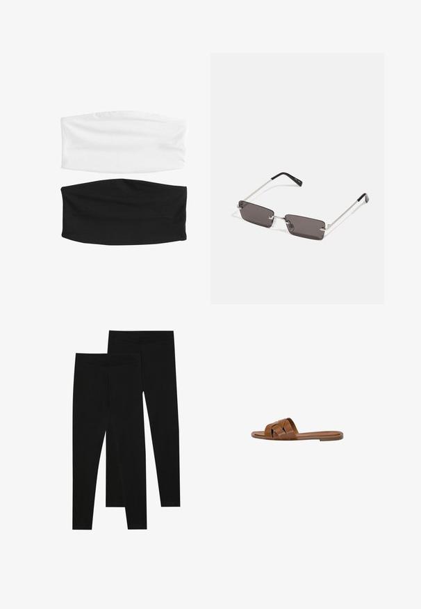 Blazer nero realizzato in tessuto morbido, con revers a corsa, chiusura con un solo bottone, due tasche frontali e una vestibilità sartoriale.; Due elastici per capelli: uno bianco e uno nero. Entrambi sono realizzati in tessuto morbido e elastico, con una texture liscia e un design senza cuciture.; Leggings neri realizzati in tessuto elastico, con una vita senza cuciture e un design slim fit, adatti per l'abbigliamento casual o per l'esercizio.; Sandalo in pelle marrone con fasce incrociate, suola piatta e una texture liscia. Design semplice senza decorazioni o motivi.; Occhiali da sole con lenti rettangolari di colore grigio scuro, montatura in metallo argentato e punte nere in plastica sulle asticelle. Design leggero con cuscinetti per il naso.