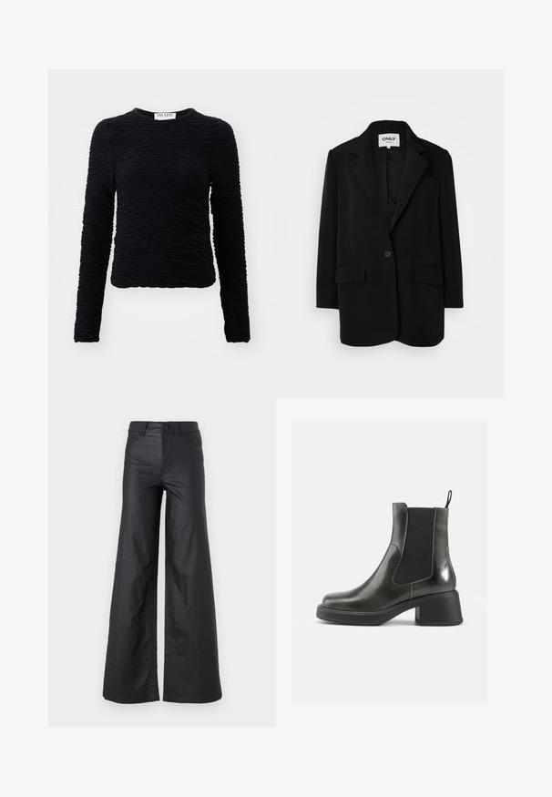 Crni sako od mekog materijala, s oštrim reverima, jednim dugmetom za kopčanje, dva prednja džepa i krojem koji pristaje.; Crni dukserica dugih rukava izrađena od teksturiranog materijala s naboranim dizajnom, s okruglim izrezom i rubom koji se nalazi u struku.; Crne široke hlače od umjetne kože. Imaju visoki struk, petlje za remen, dva prednja džepa i šivanu obradu.; Crne kožne gležnjače s glatkom završnom obradom, elastičnim bočnim panelima i debelim potplatom. Imaju kuku za lakše obuvanje.