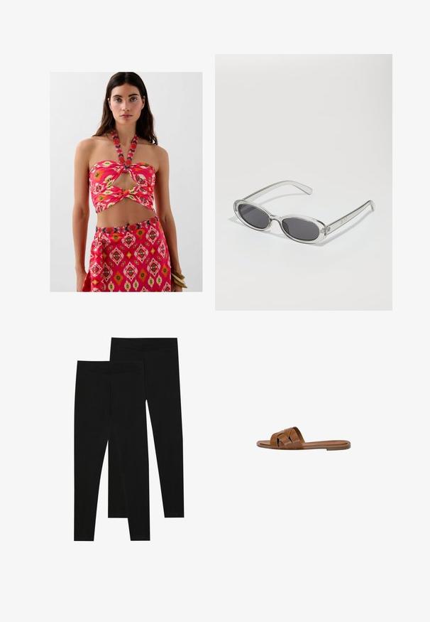 Czarna marynarka wykonana z miękkiego materiału, z klapami, zapinana na jeden guzik, z dwiema przednimi kieszeniami i dopasowanym krojem.; Dwuczęściowy zestaw składający się z różowej bluzki na ramiączkach z wycięciem i kwiatowym wzorem, zestawionej z pasującą spódnicą w wzór geometryczny.; Czarne legginsy wykonane z elastycznego materiału, z bezszwowym pasem i dopasowanym krojem, odpowiednie do noszenia na co dzień lub do ćwiczeń.; Brązowe skórzane klapki z krzyżującymi się paskami, płaską podeszwą i gładką fakturą. Prosty design bez ozdób czy wzorów.; Okulary przeciwsłoneczne w owalnym kształcie, z przezroczystą plastikową oprawą, ciemnoszarymi soczewkami oraz cienkimi przezroczystymi ramionami z akcentami logo i minimalnymi detalami.