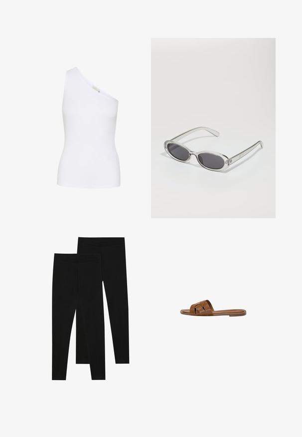 Schwarzer Blazer aus weichem Stoff, mit Reverskragen, einfachem Knopfverschluss, zwei frontalen Taschen und taillierter Passform.; Asymmetrisches, weißes, geripptes Tanktop mit einem Schulterdesign. Glatte Textur, enganliegende Form und keine sichtbaren Muster oder Hardware-Details.; Schwarze Leggings aus dehnbarem Stoff, mit einem nahtlosen Bund und einer schmalen Passform, geeignet für Freizeit oder Sport.; Braune Leder-Sandale mit gekreuzten Riemen, flacher Sohle und glatter Textur. Schlichtes Design ohne Verzierungen oder Muster.; Sonnenbrille mit ovaler Form, klarem Kunststoffrahmen, dunkelgrauen Gläsern und dünnen transparenten Bügeln mit Logo-Akzenten und minimalen Details.